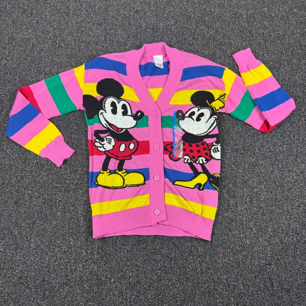 Disney 100 Mickey Minnie Striped Cardigan Sweater Kids L Pink New W/ Flaws